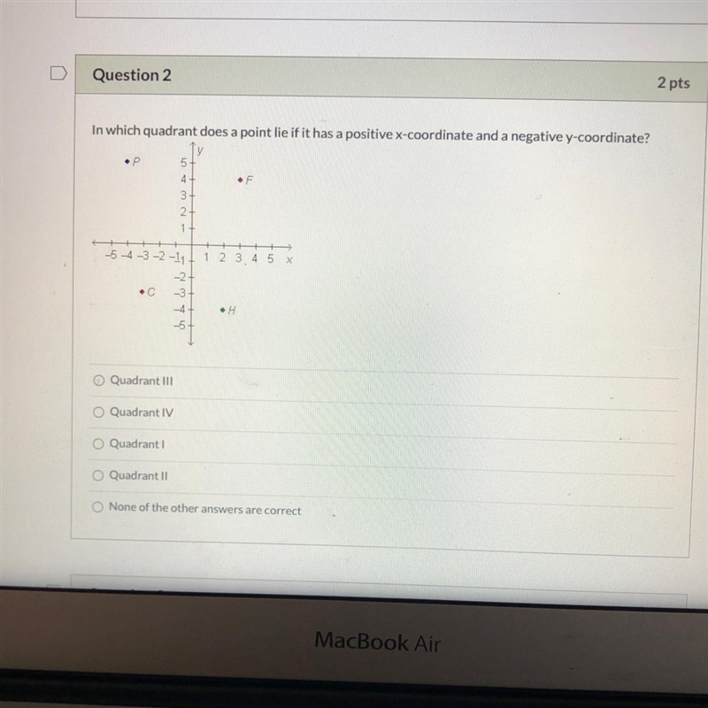 In which quadrant does a point lie if it has a positive x-coordinate and a negative-example-1