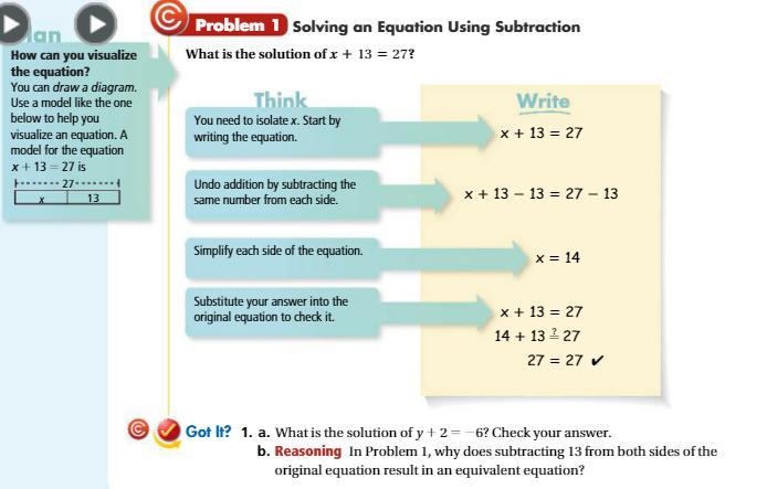 1. a. What is the solution of y + 2 = -6? Check your answer. b. Reasoning In Problem-example-1