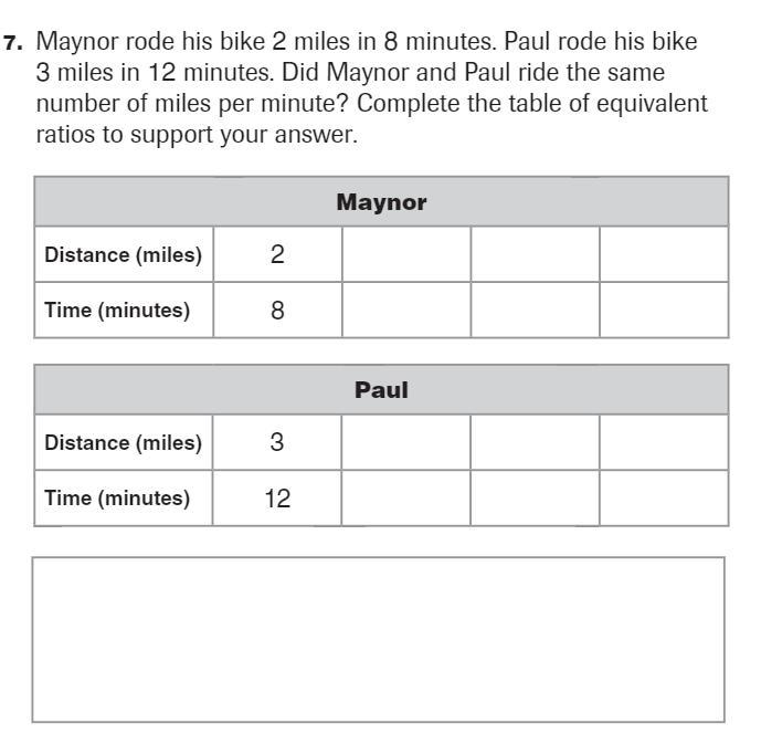 Maynor rode his bike 2 miles in 8 minutes. Paul rode his bike 3 miles in 12 minutes-example-1