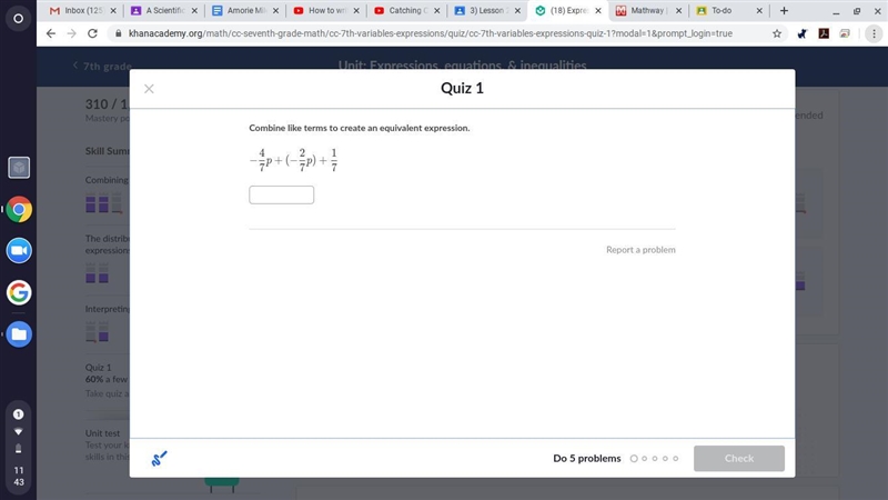 Combine like terms to create an equivalent expression. -(4)/(7)p+(-(2)/(7)p)+(1)/(7)-example-1