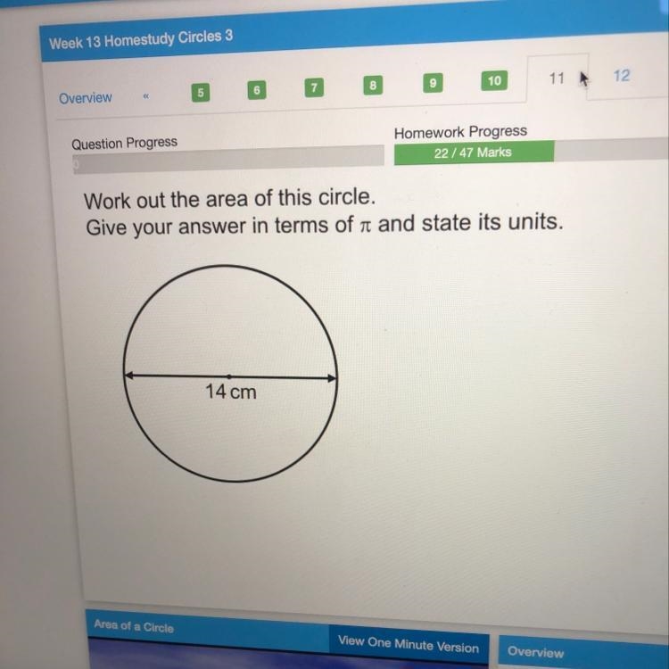 Work out the area of this circle. Give your answer in terms of n and state its units-example-1