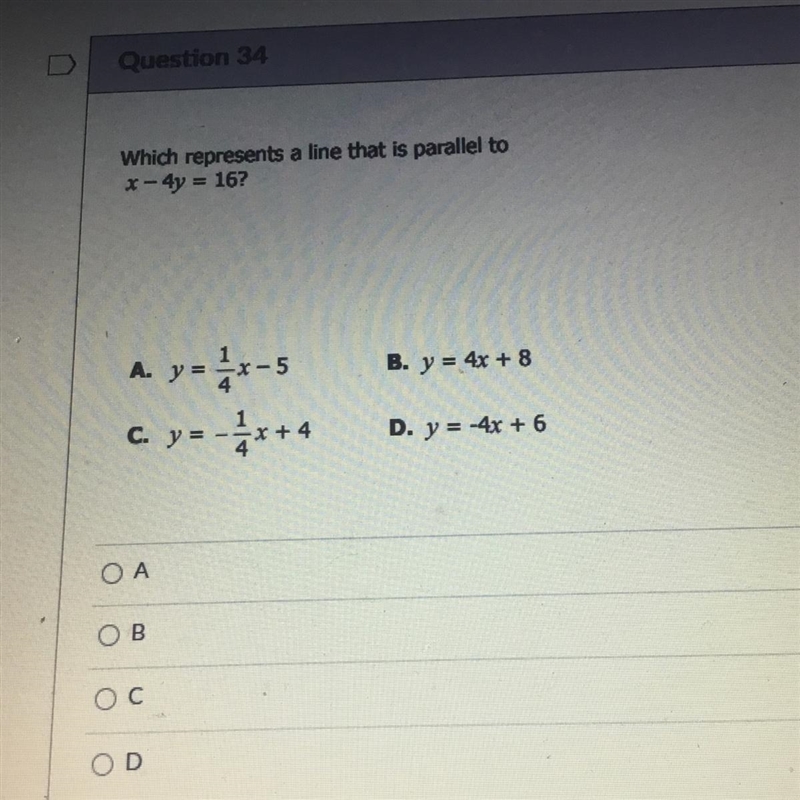 Which represents a line that is parallel to x-4y=16?-example-1