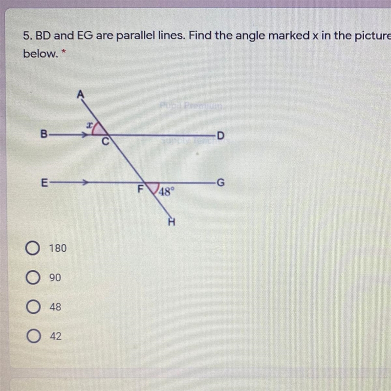 5. BD and EG are parallel lines. Find the angle marked x in the picture below. *-example-1