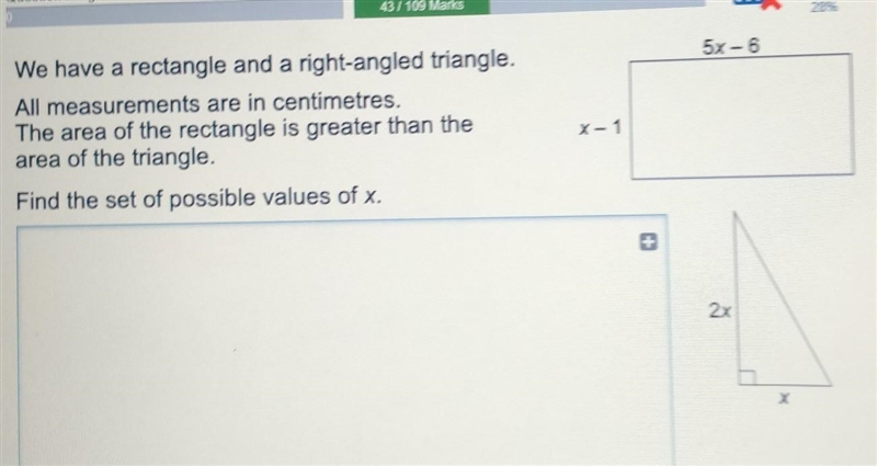 We have a rectangle and a right-angled triangle. All measurements are in centimetres-example-1