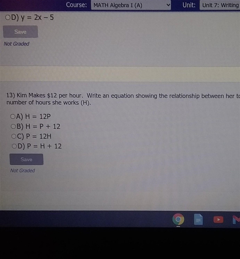 kim makes $12 per hour . write an equation showing the relationship between her total-example-1