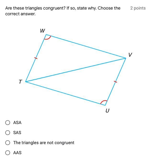 Are these triangles congruent? If so, state why. Choose the correct answer.-example-1