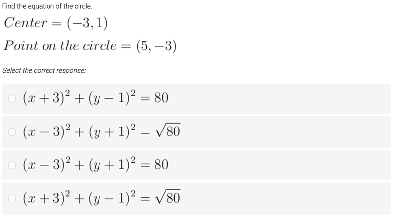 Find the equation of the circle. With center at (-3, 1) and point on the circle= (5, -3).-example-1