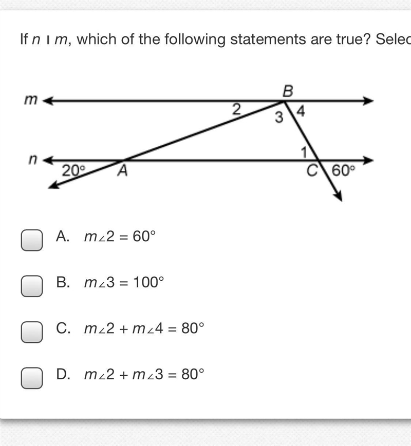 If n ∥ m, which of the following statements are true? Select all that apply.-example-1