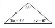 Find the value of x and y in the triangle below. Value of X: Value of Y:-example-1