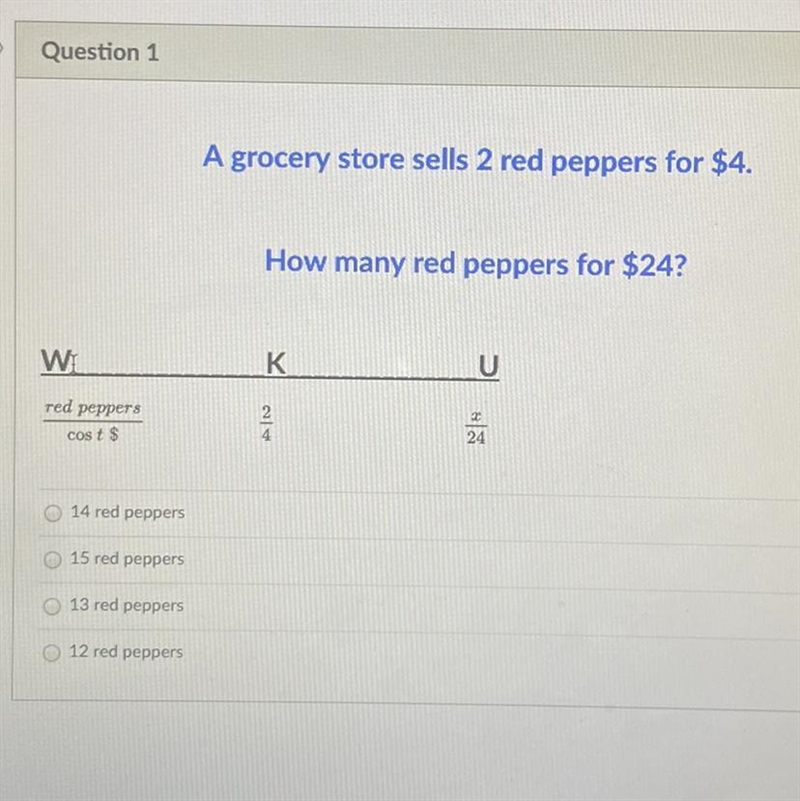 A grocery store sells 2 red peppers for $4. How many red peppers for $24?-example-1