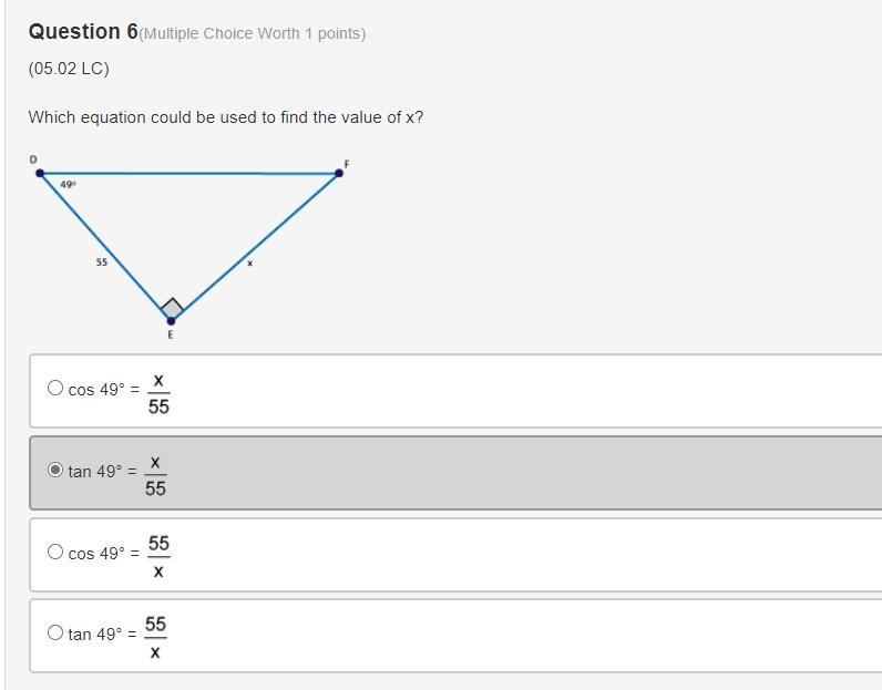 Which equation could be used to find the value of x? Triangle DEF where angle E is-example-1