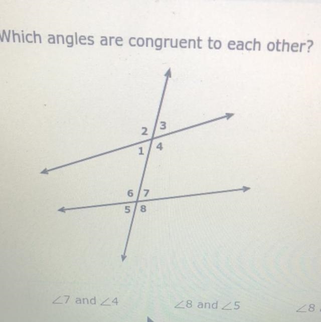 Which angles are congruent to each other?-example-1