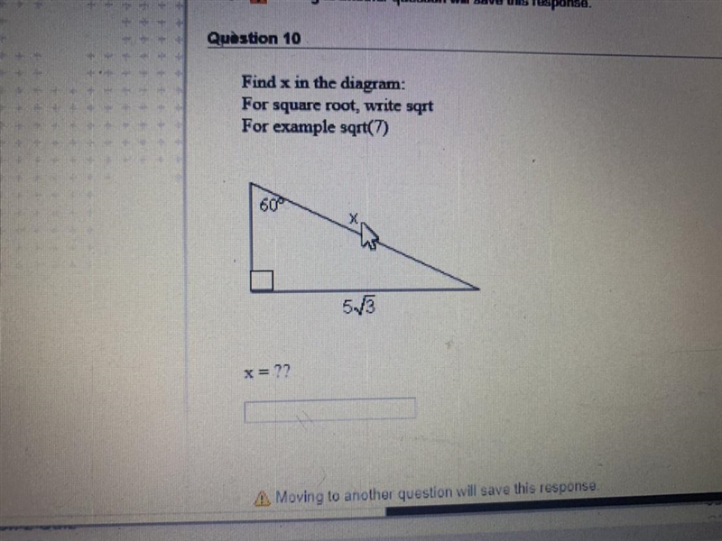 Find x in the diagram: For square root write sqrt For example sqrt(7) 55-example-1