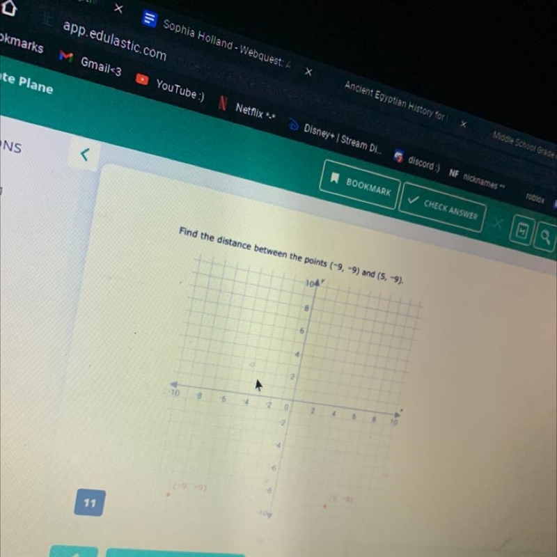 Find the distance between the points (-9, -9) and (5, -9).-example-1