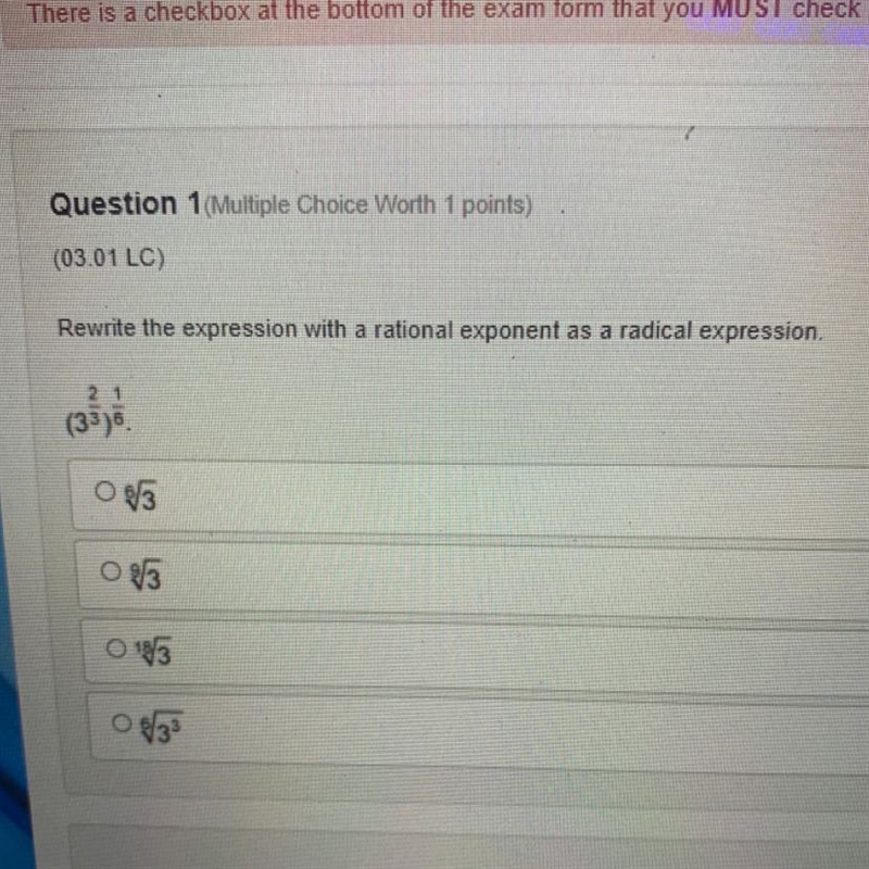 Rewrite the expression with a rational exponent as a radical expression.-example-1