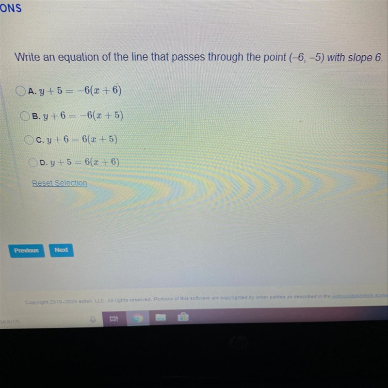 Write an equation of the line that passes through the point (-6, -5) with slope 6. A-example-1