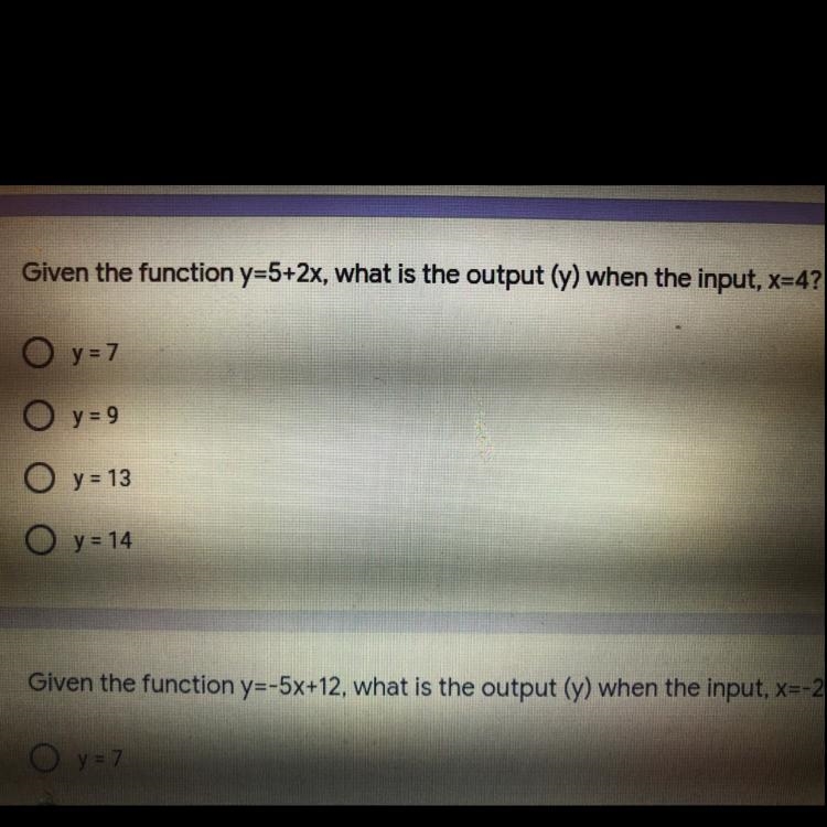 Give the function y=5+2x, what is the output (y) when the input, x=4?-example-1