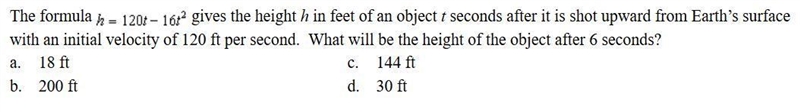 The formula h = 120t - 16t^(2) gives the height h in feet of an object t seconds after-example-1