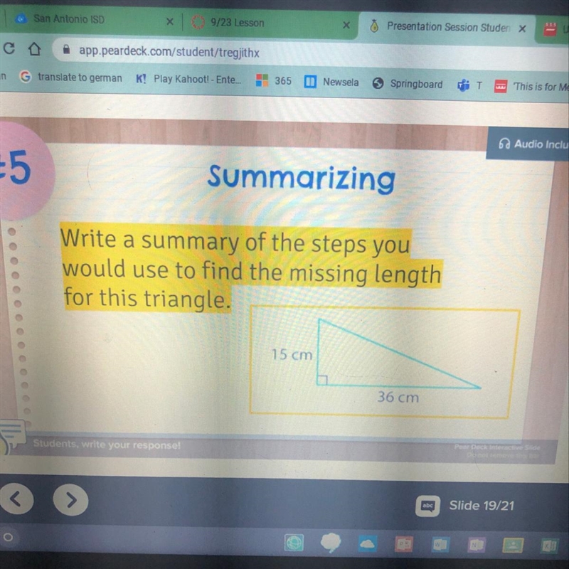 Write a summary of the steps you would use to find the missing length for this triangle-example-1