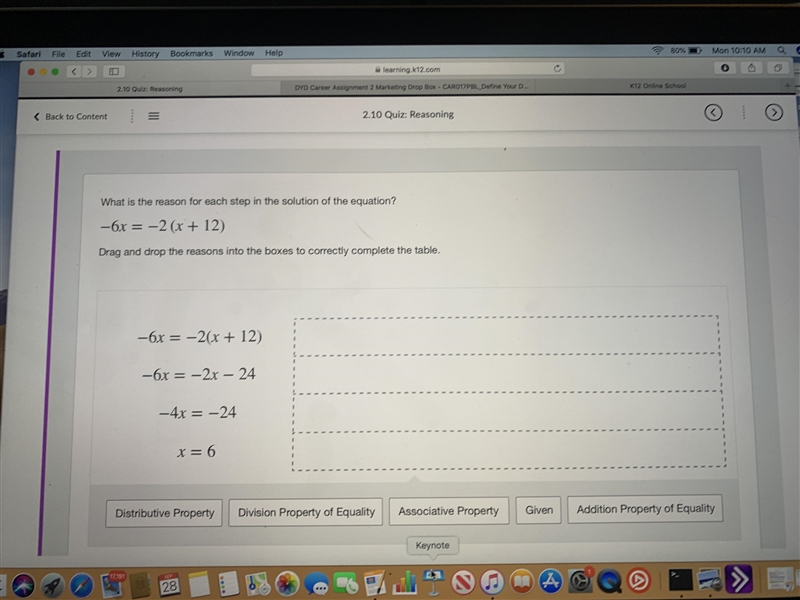 What is the reason for each step in the solution of the equation -6x=-3(x+12) Dragon-example-1