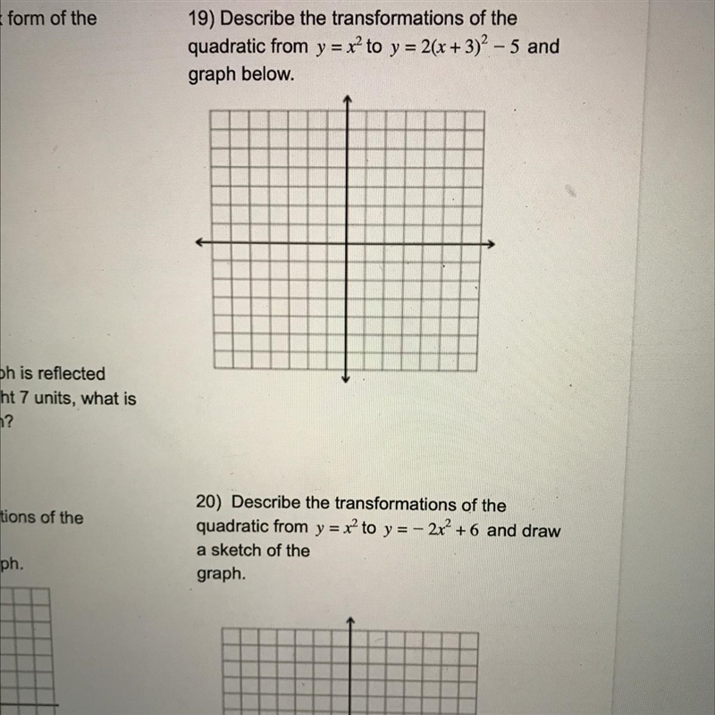 PLEASE HELP WITH 19 AND 20, ONLY DESCRIBE THE TRANSFORMATIONS. I CAN GRAPH THEM. PLS-example-1