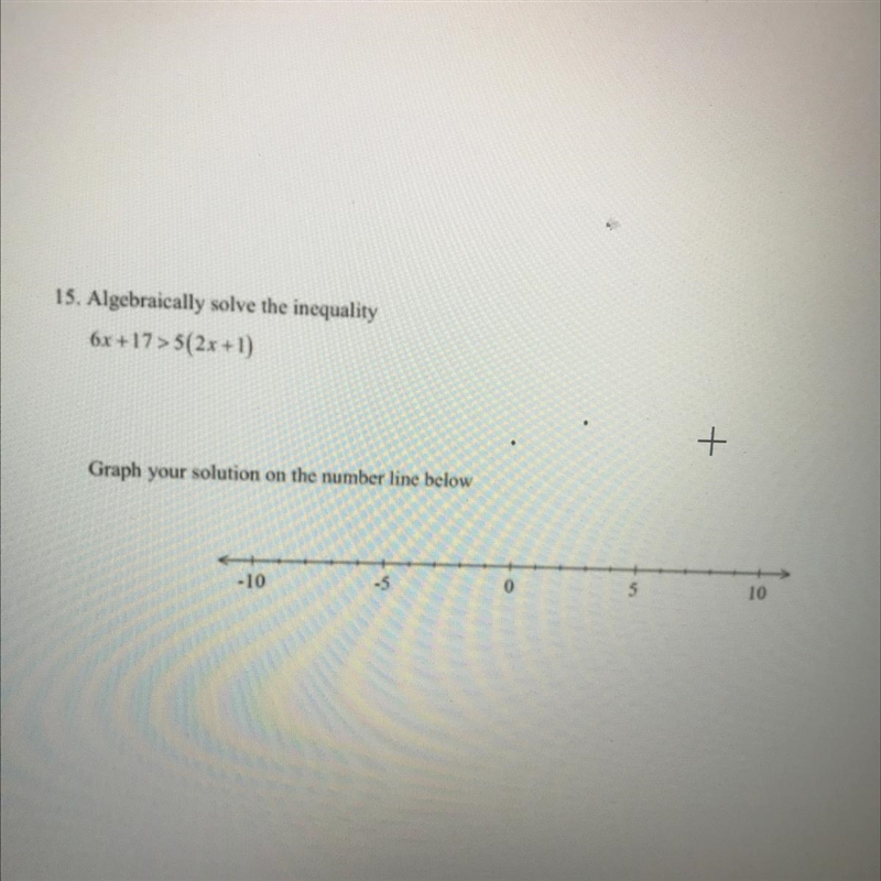 15. Algebraically solve the inequality 6x+17> 5(2x+1) + Graph your solution on-example-1