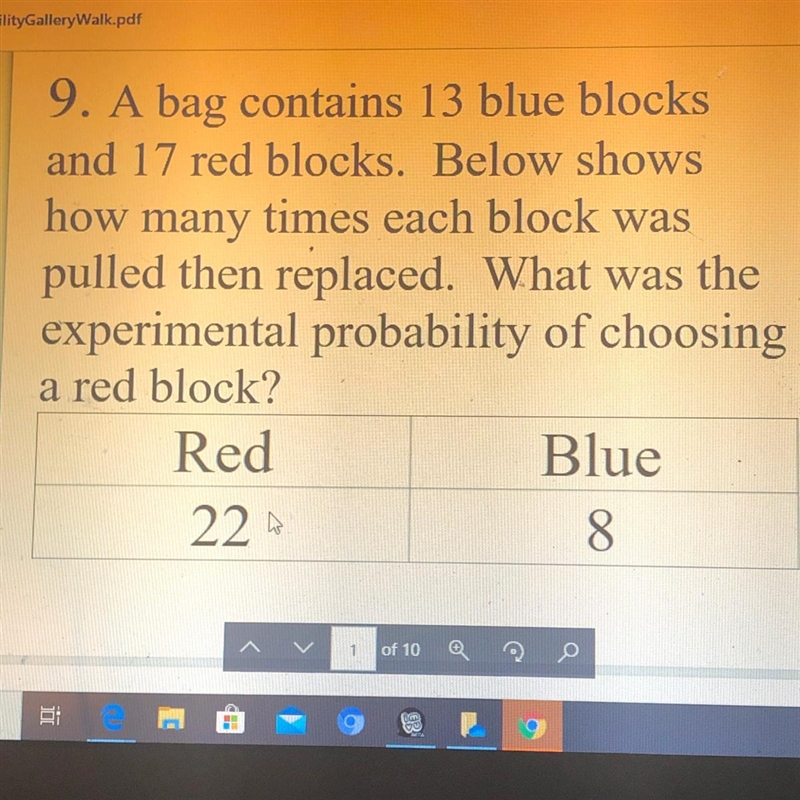 9. A bag contains 13 blue blocks and 17 red blocks. Below shows how many times each-example-1