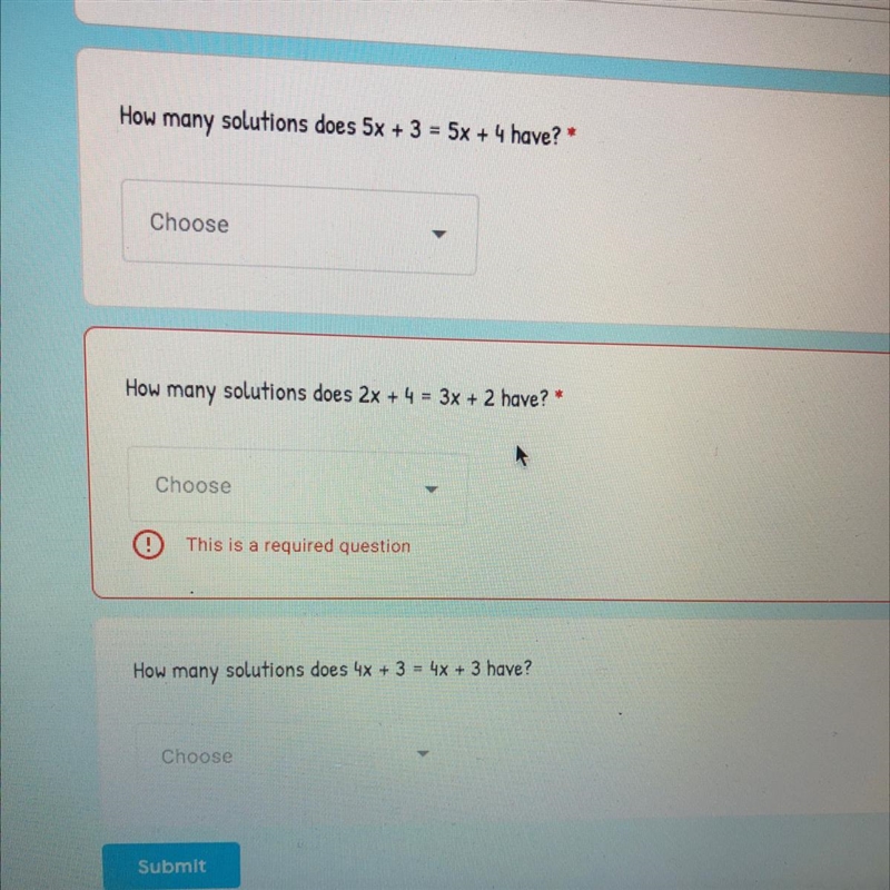 How many solutions does 2x + 4 = 3x + 2 have? 3 questions 40 points-example-1