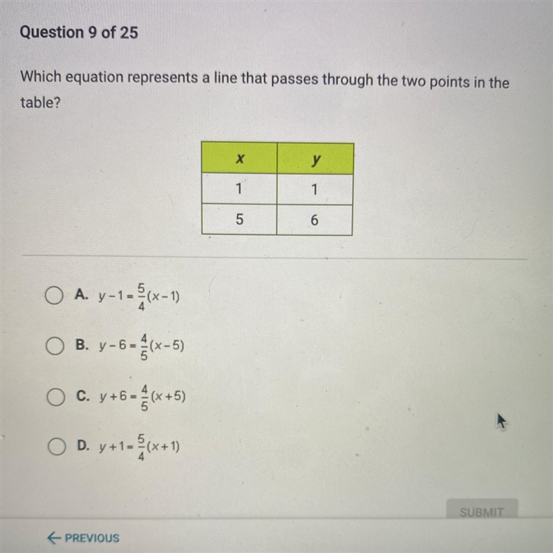 URGENT! Which equation represents a line that passes through the two points in the-example-1