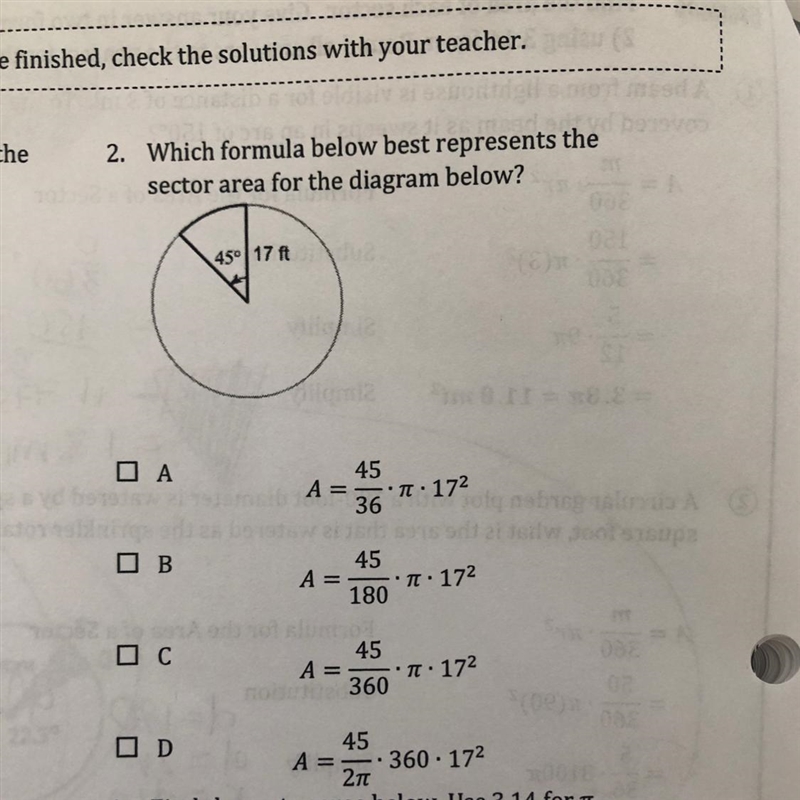 QUICK!! Which formula below best represents the sector area for the diagram below-example-1