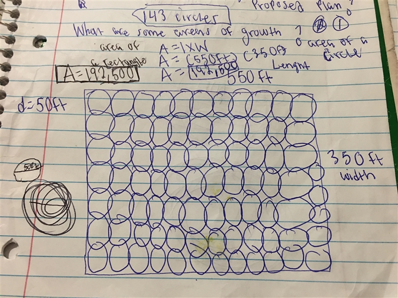 Ok so I found the area of a rectangle. A=lxw A=(550) (350) A=192,500 And the diameter-example-1