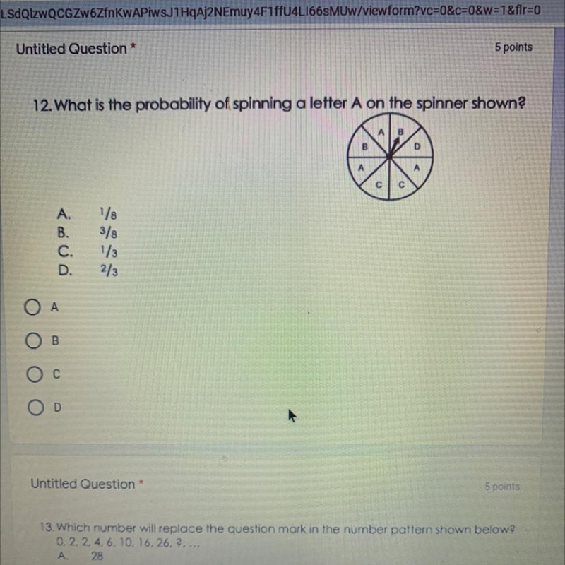 12. What is the probability of spinning a letter A on the spinner shown? B B D A C-example-1