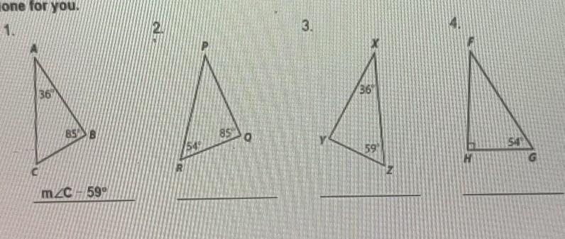 Find the missing angle measure in each triangle.The first one is done for you.​-example-1