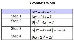 Yvonne is solving the quadratic equation 6x2 + 24x + 7 = 0 by completing the square-example-1