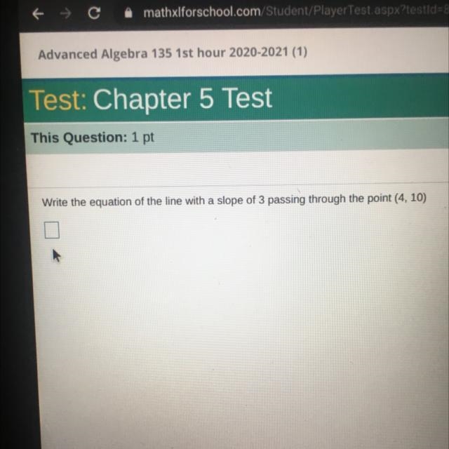 Write the equation of the line with a slope of 3 passing through the point (4,10)-example-1