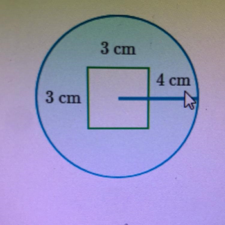 A 3 cm x 3 cm rectangle sits inside a circle with radius of 4 cm. What is the area-example-1