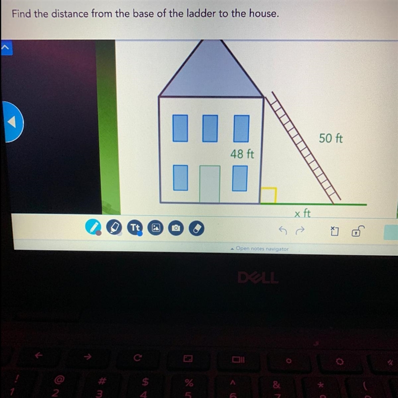 PLEASE HELP Find the distance from the base of the ladder to the house.-example-1