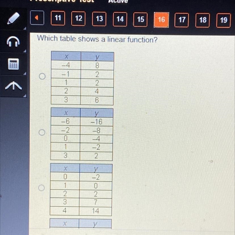 Which table shows a linear function?-example-1