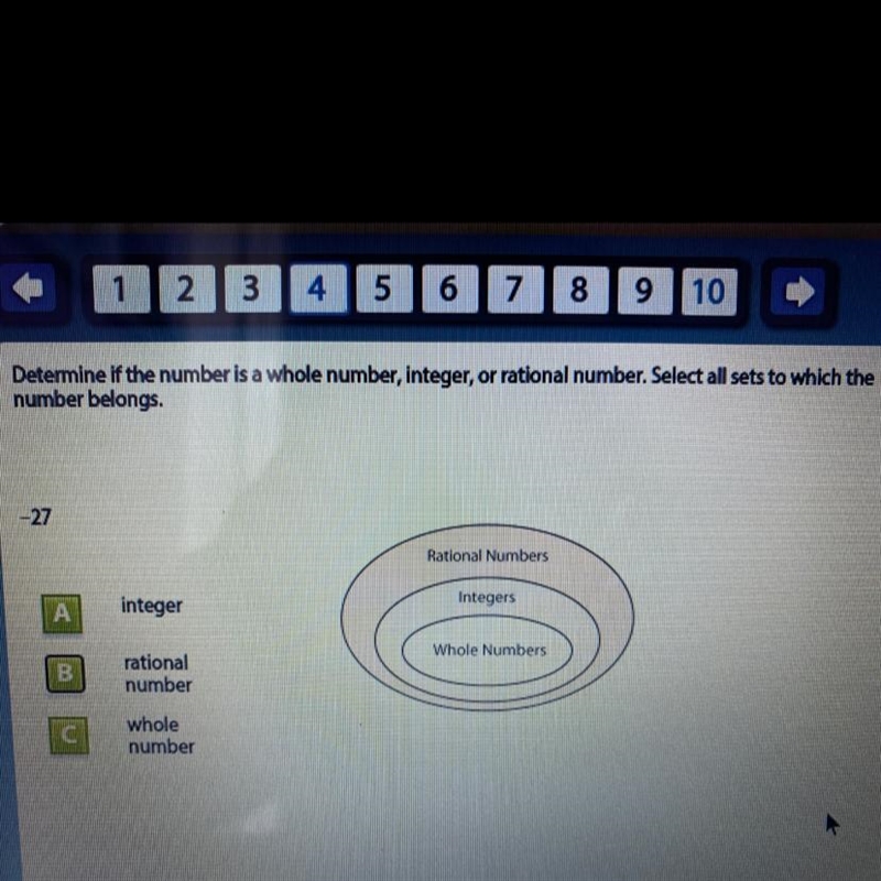 Is -27 a integer, Rational number, whole number?-example-1