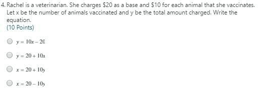 Rachel is a veterinarian. She charges $20 as a base and $10 for each animal that she-example-1