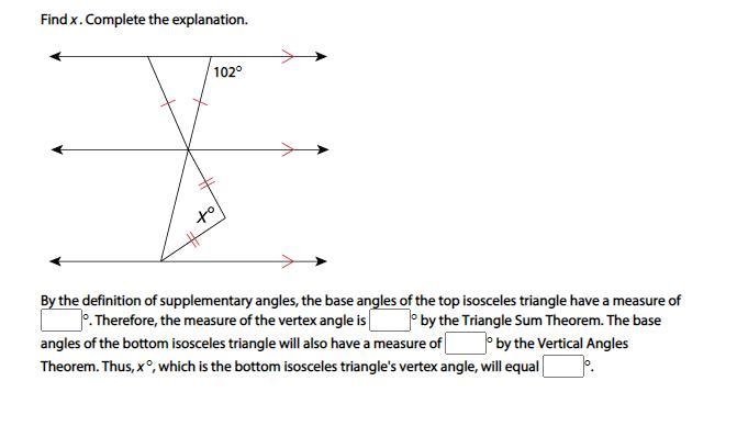 by the definition of supplementary angles, the base angles of the top isosceles triangle-example-1