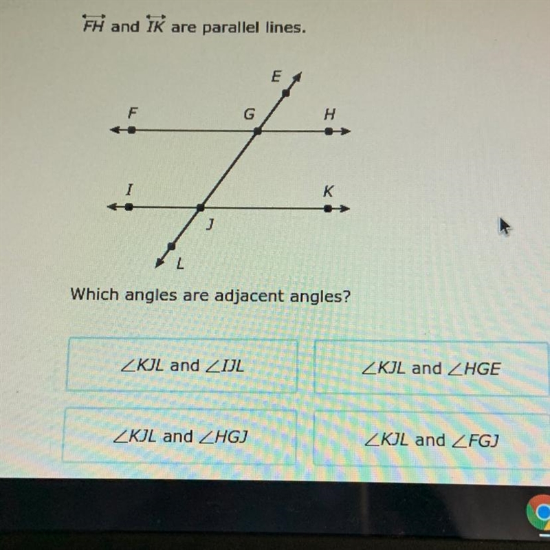 Which angles are adjacent angels?-example-1