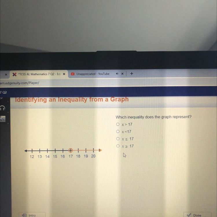 Which inequality does the graph represent? 0 x 17 x <17 Ox $ 17 Ox>17 HHH 12 13 14 15 16 17 18 19 20-example-1