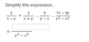 Simplify this expression. (2/x-y) + (3/x+y) - (5/y+x) - (7x-9y/y^2-x^2) = ___________/ y-example-1