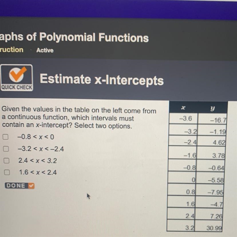 Given the values in the table on the left come from a continuous function, which intervals-example-1