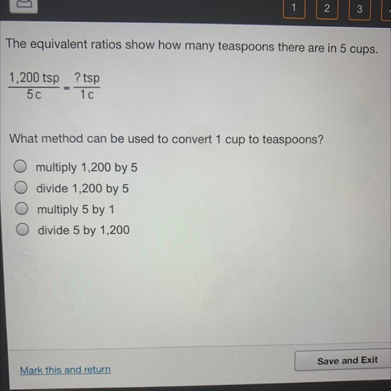 The equivalent ratios show how many teaspoons there are in 5 cups. What method can-example-1