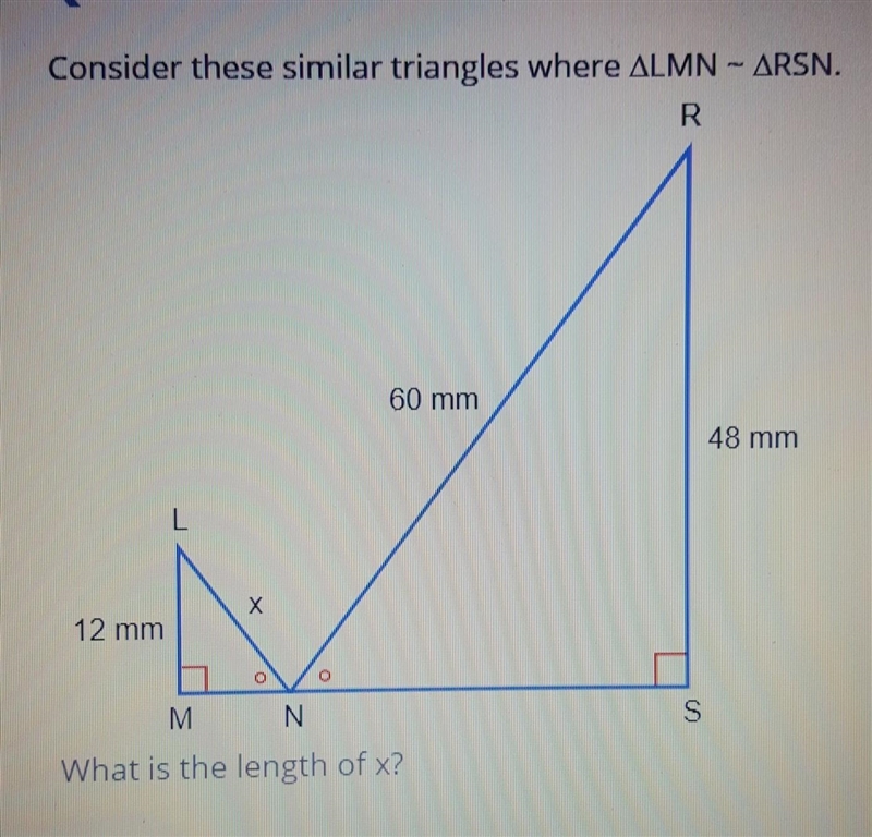 Consider these similar triangles were ALMN - ARSN. What is the length of x?​-example-1