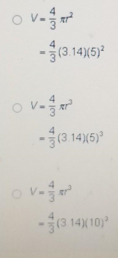 Which expression can be used to find the volume of the sphere? 10 in. ​-example-1