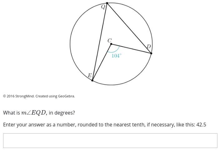 Examine circle C, with inscribed angle ∠EQD, central angle ∠ECD, and intercept ED-example-1