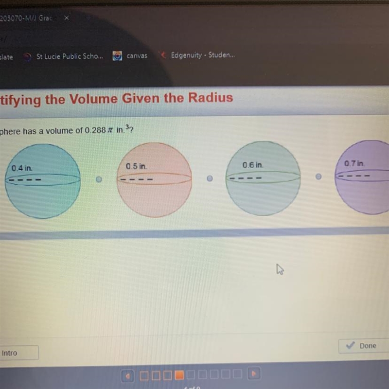 Wich sphere has a volume of 0.288 pi in. 3?-example-1